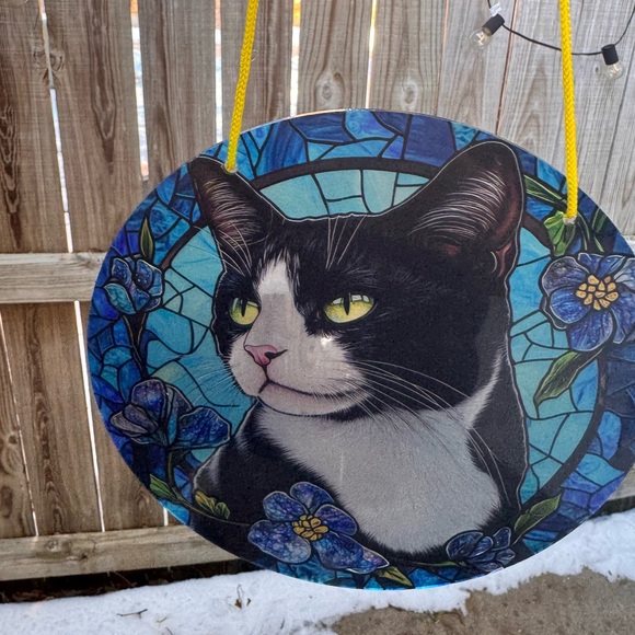 Tuxedo Cat Stained Glass Art with Blue Floral Design - Picture 5 of 6
